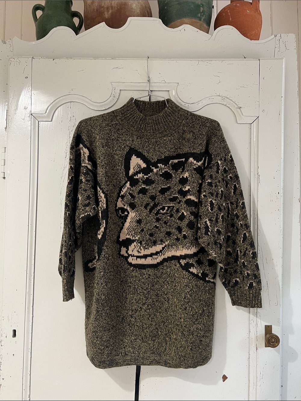 Vintage Justin Allen Mock Neck Cheetah Leopard Oversized Knit USA Chunky Sweater
